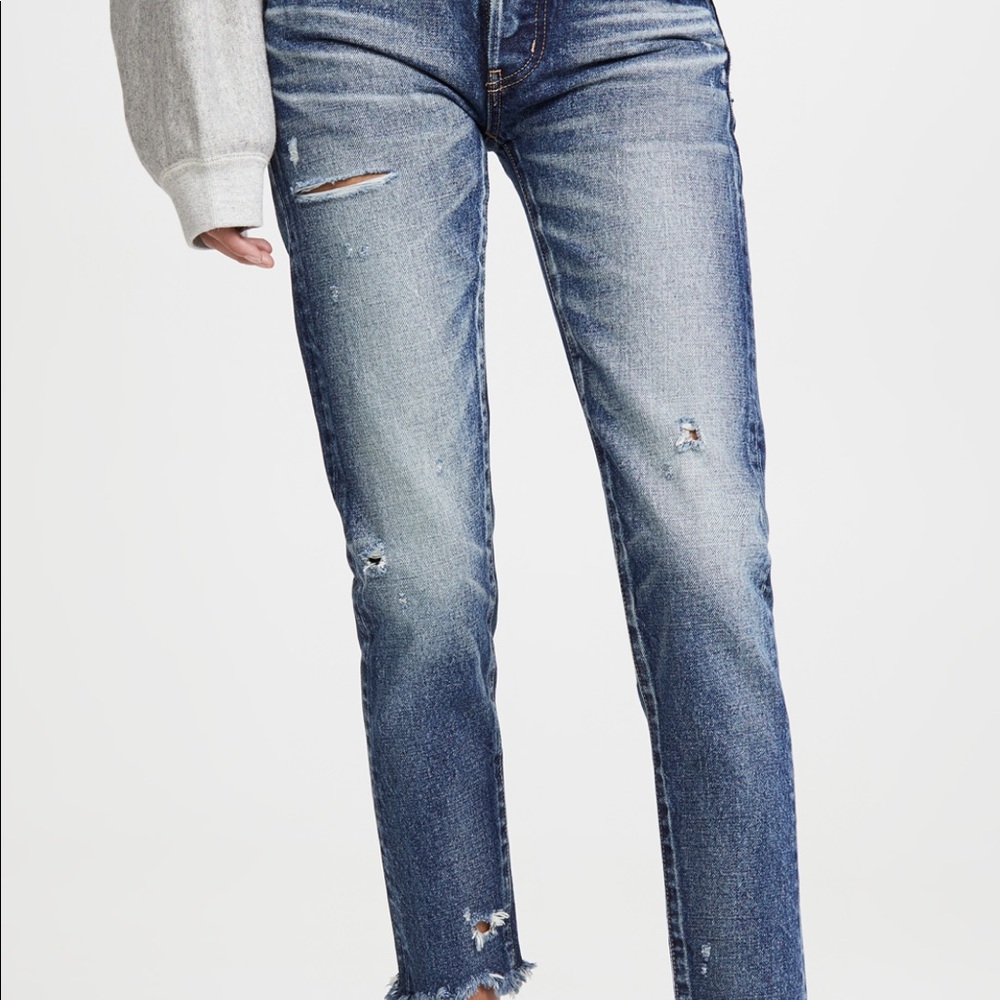 Moussy Distressed Medium Blue Straight-Leg Jeans